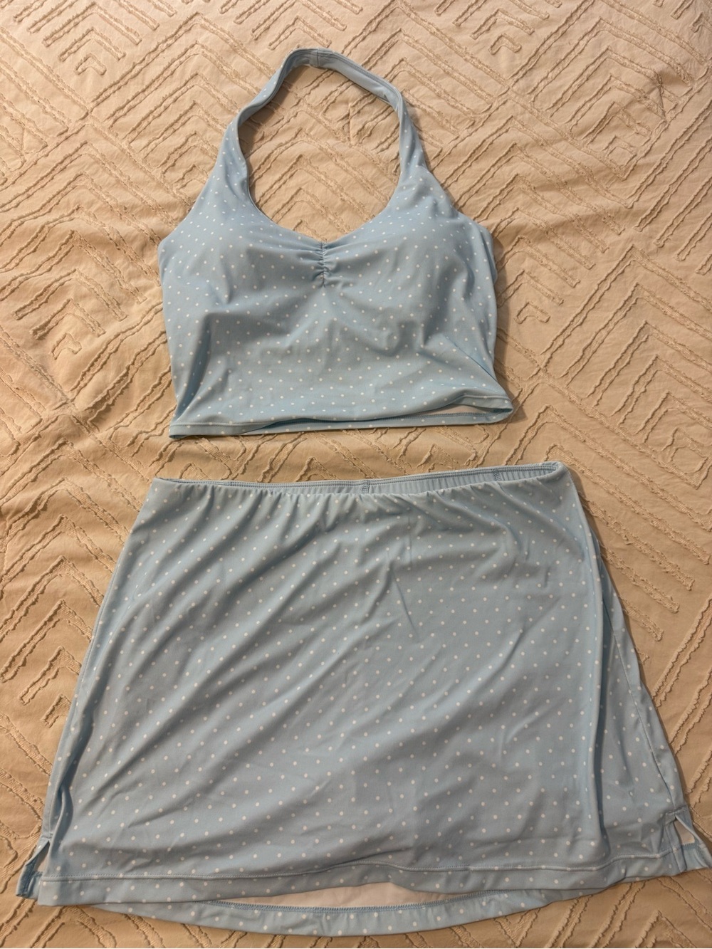 Women’s Light Blue Polka Dot Halter Bralette & Skort Set